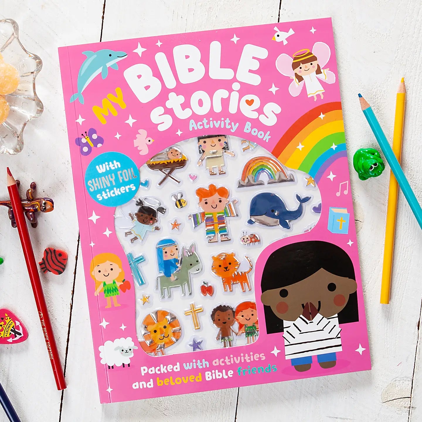 My Bible Stories Activity Book
with shiny foil stickers
packed with activities and beloved Bible Friends
