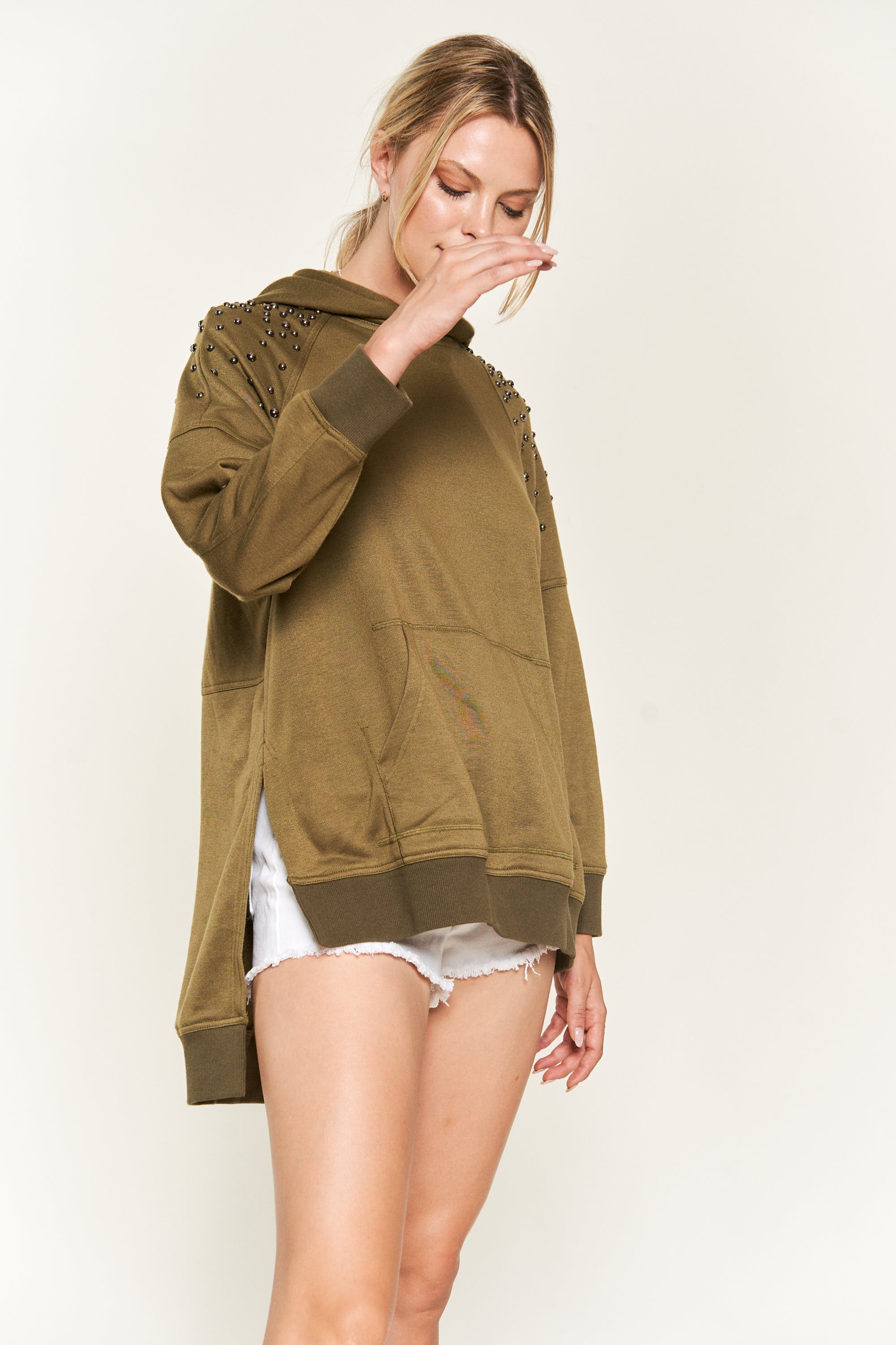 Like It Like That Studded Sweatshirt - Olive