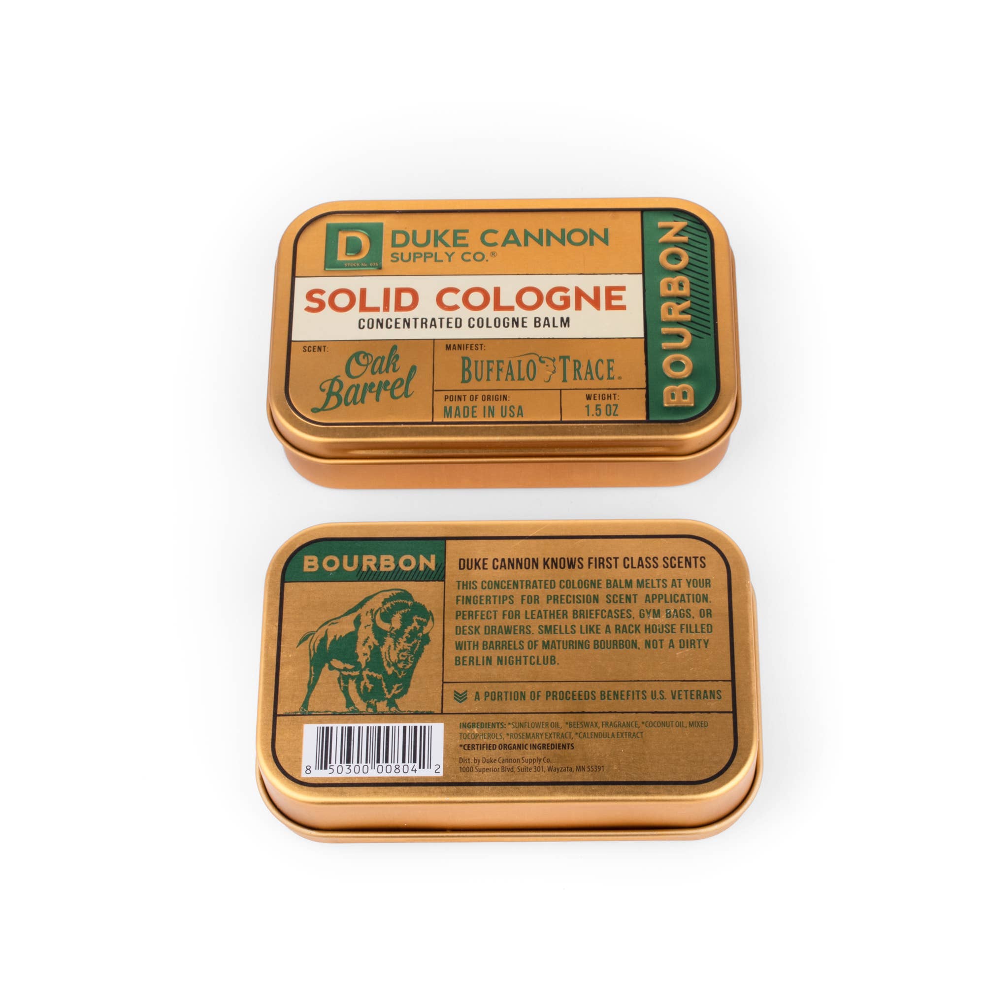 Duke Cannon Solid Cologne
Scent: Bourbon Oak Barrel Buffalo Trace
Concentrated Cologne Balm
Duke Cannon knows first class scents. This concentrated cologne balm melts at your fingertips for precision scent application. Perfect for leather briefcases, gym bags or desk drawers. Smells like a rack house filled with barrels of maturing Bourbon, not a dirty Berlin nightclub.