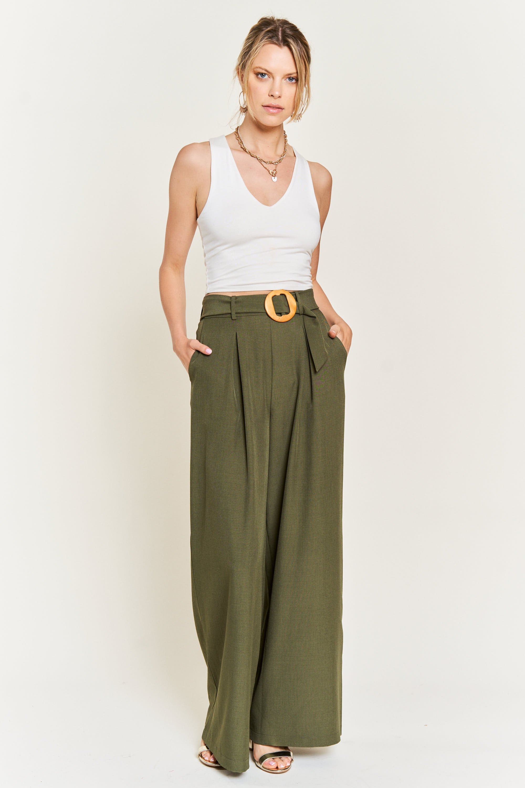 On the Bright Side Belted Pants - Olive