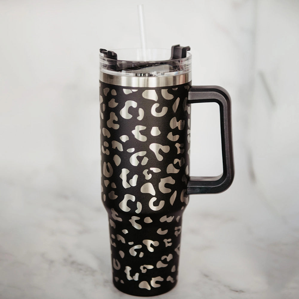 Black Metallic Leopard Tumbler Cup with Handle - 40oz