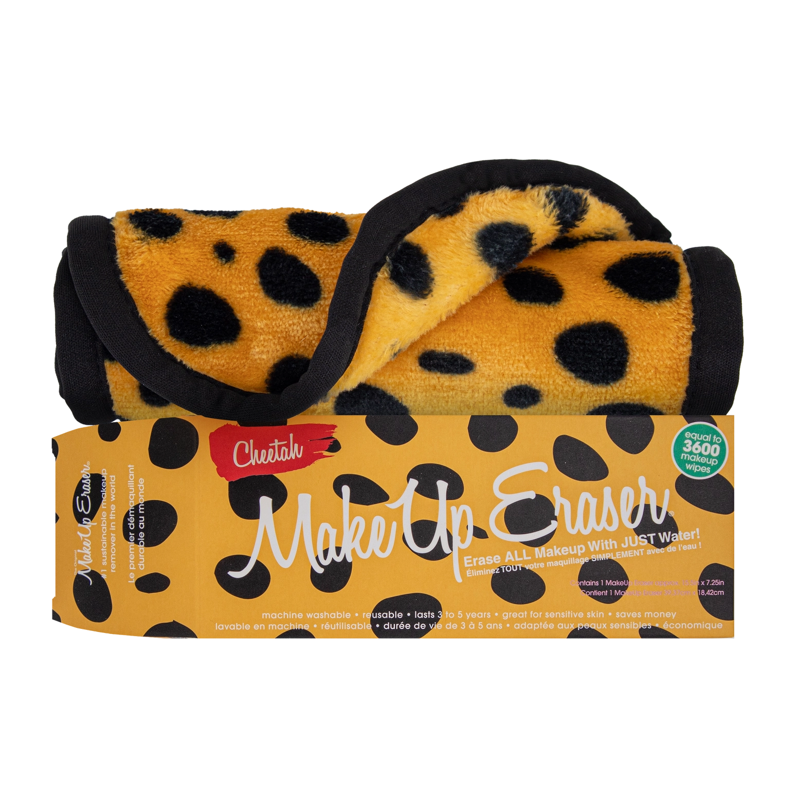 A cheetah-patterned MakeUp Eraser product packaging with the eraser visible inside.