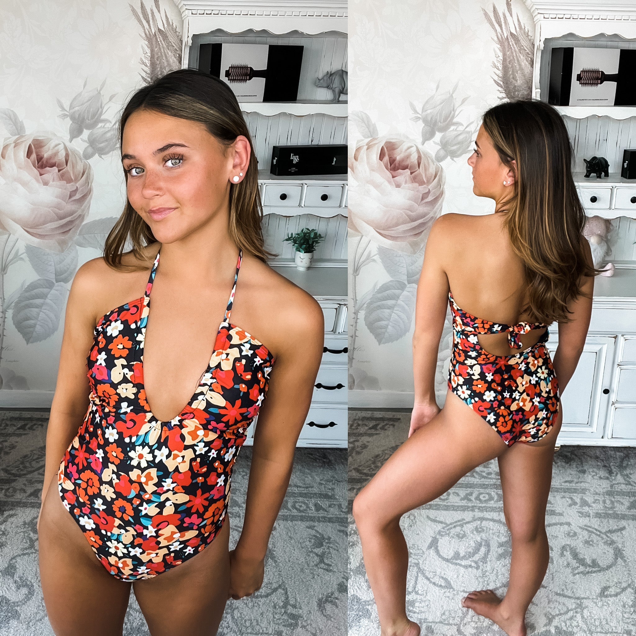 Changing Tides Halter Swimsuit - Black Floral