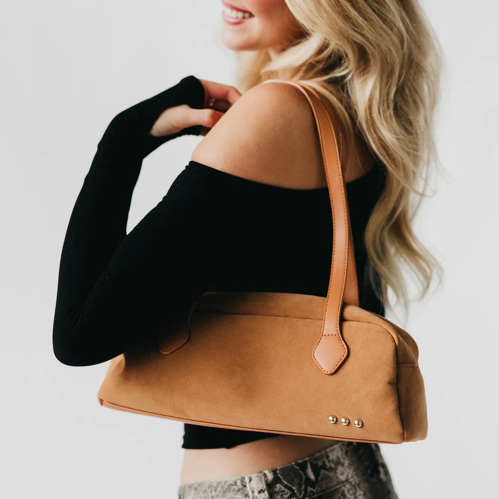 Sally Suede Barrel Shoulder Bag - Camel
