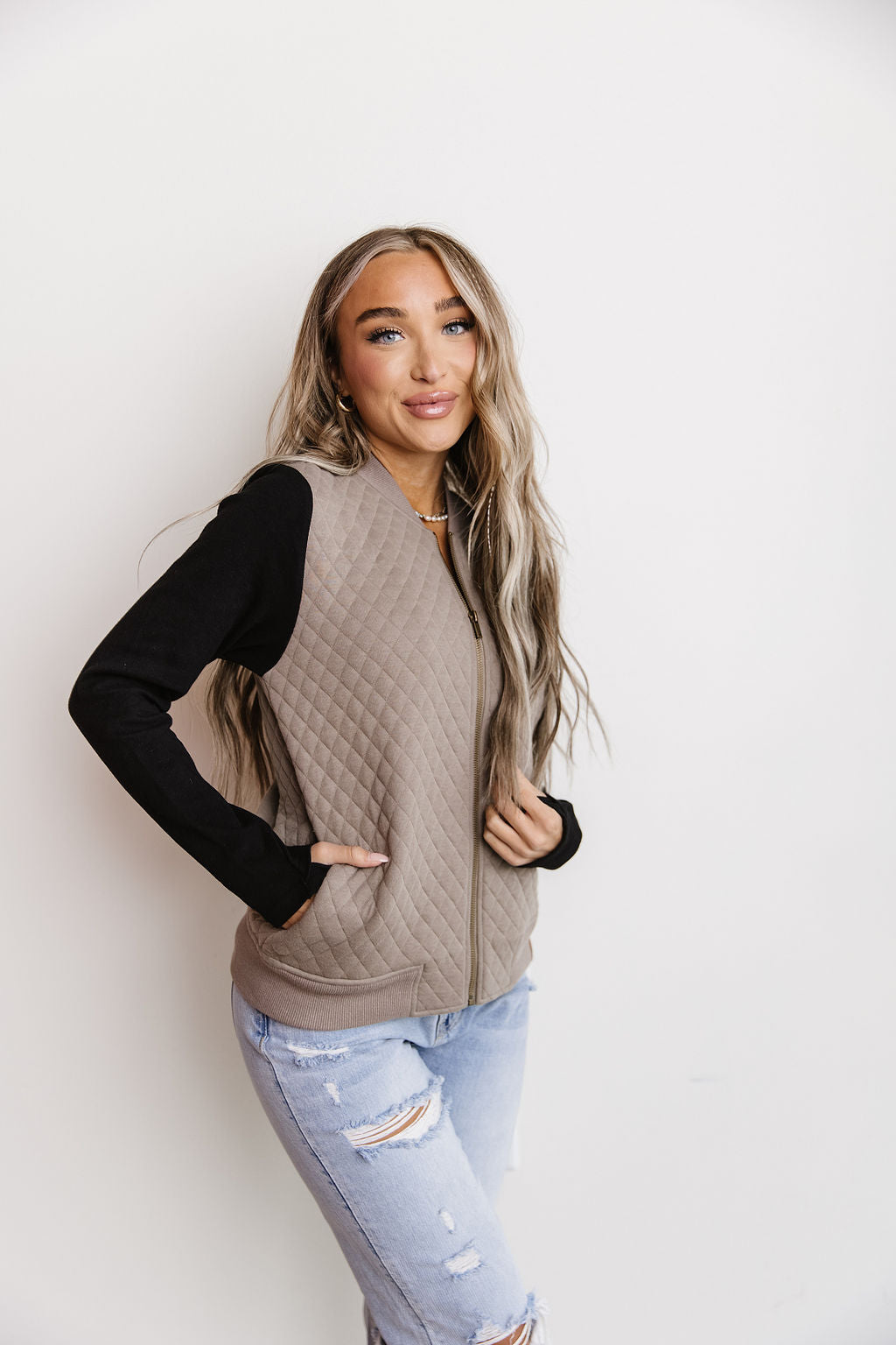 Ampersand Avenue Quilted Bomber Jacket - Taupe & Black