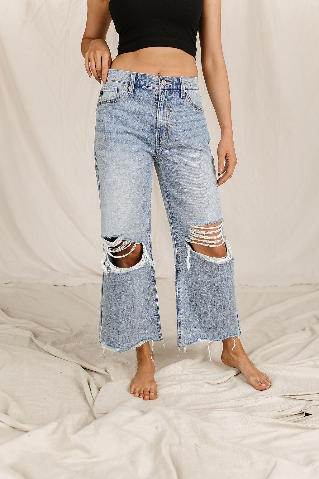 Ampersand Avenue 518 Denim - Heavy Distressed Wide Leg Crop Jeans