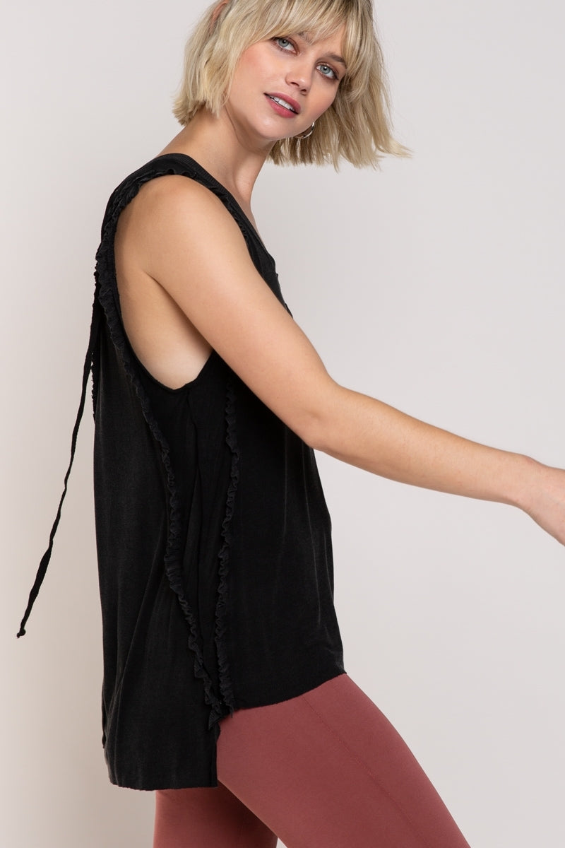 Never Before Lace-Up Back Tank - Black