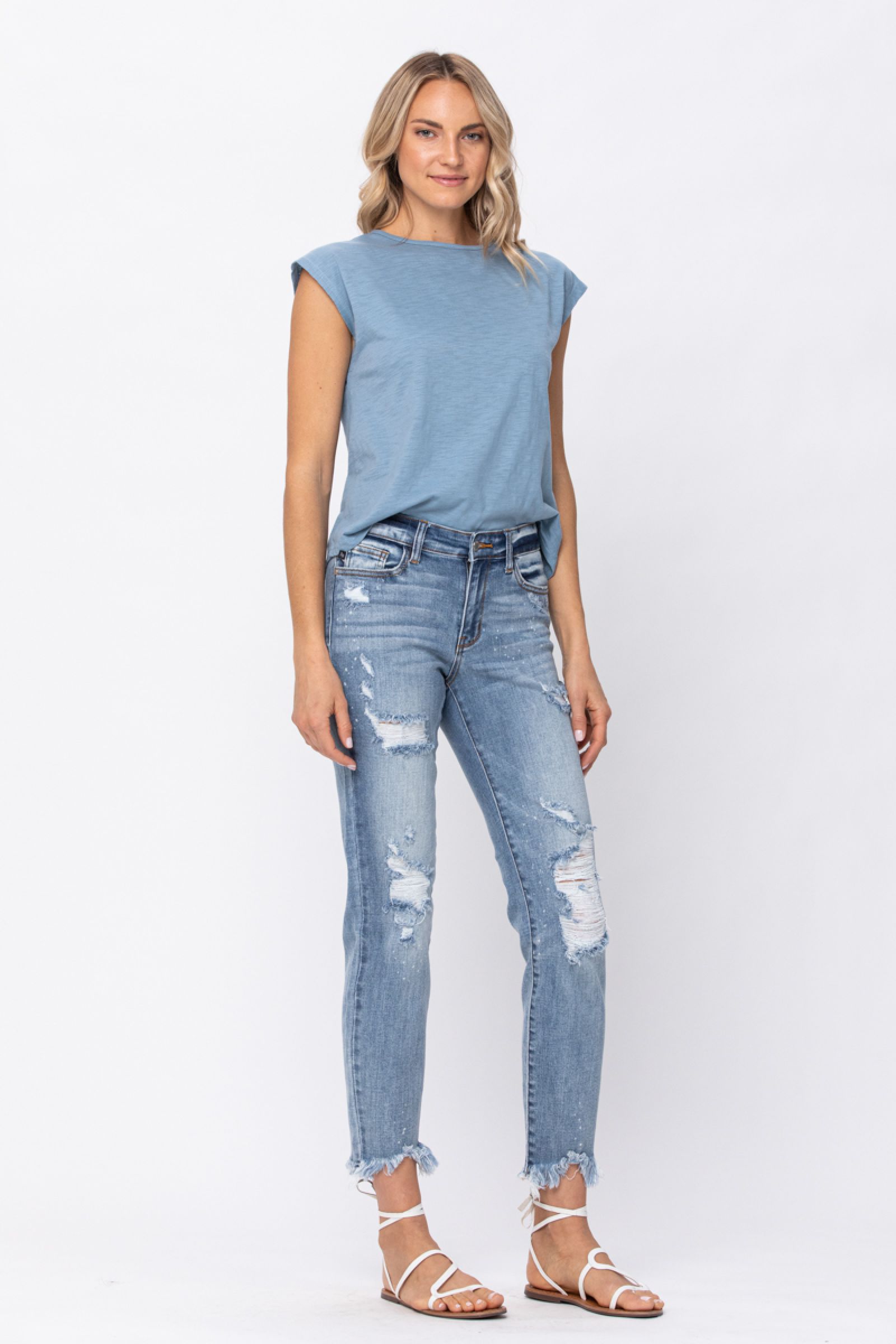 Judy Blue Destroyed Hem Bleach Splash Boyfriend Jeans