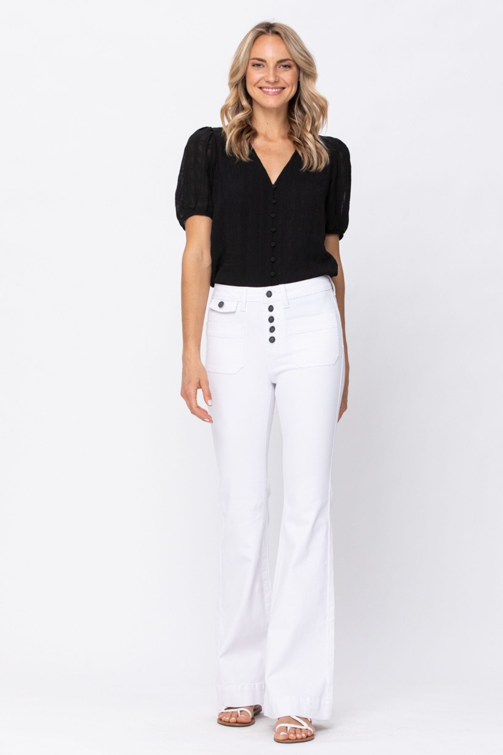 Judy Blue White Button Fly Patch Pocket Flare Jeans
