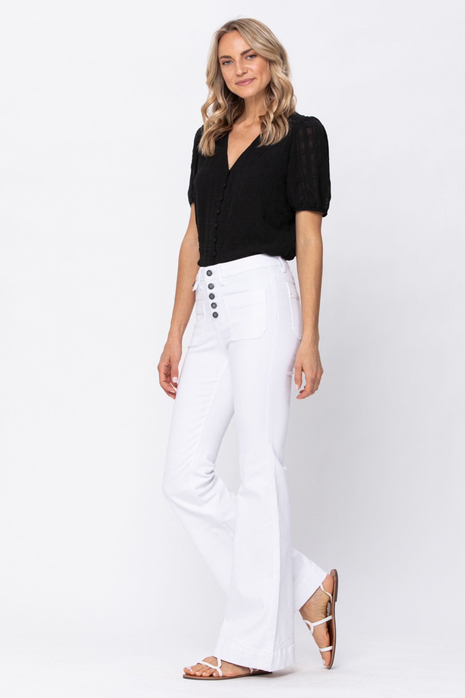 Judy Blue White Button Fly Patch Pocket Flare Jeans