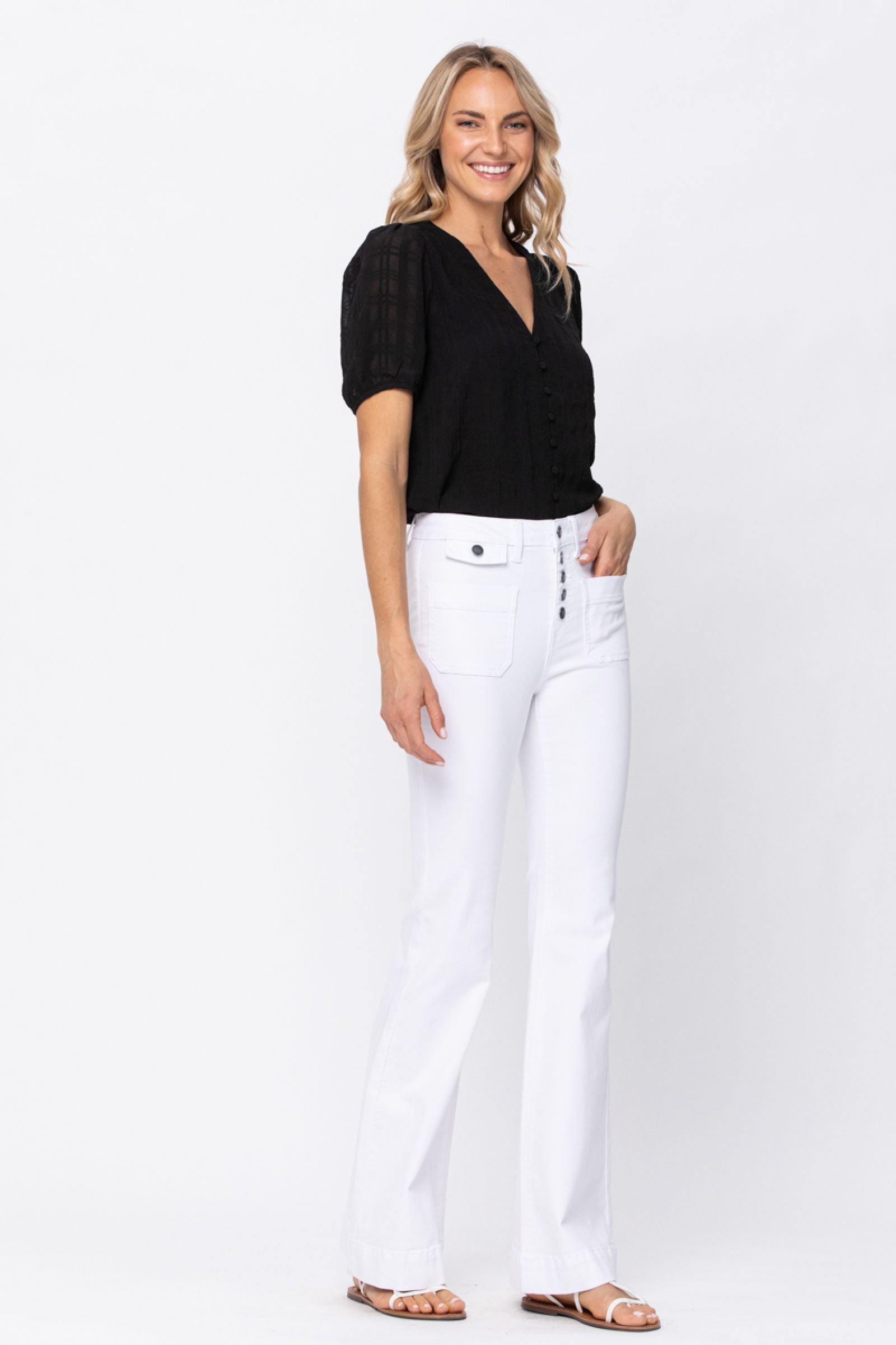 Judy Blue White Button Fly Patch Pocket Flare Jeans