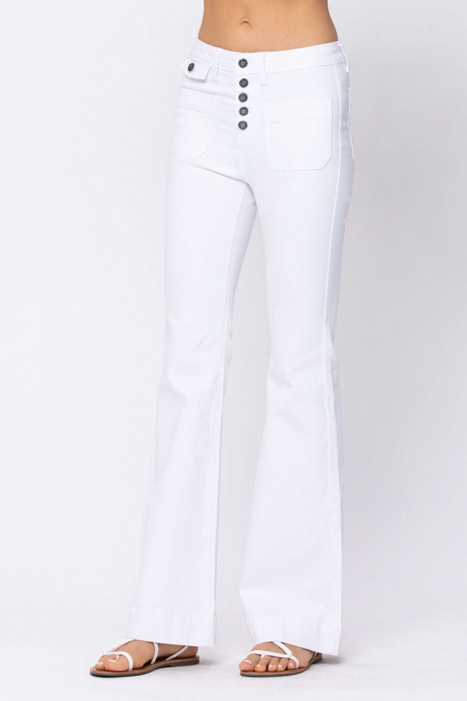 Judy Blue White Button Fly Patch Pocket Flare Jeans