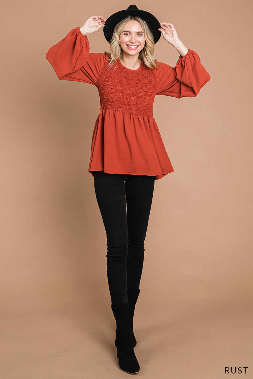 Wishing for Change Smocked Top - Rust