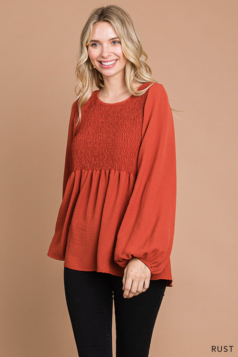 Wishing for Change Smocked Top - Rust