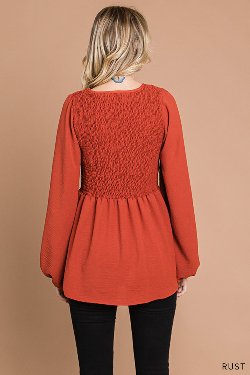 Wishing for Change Smocked Top - Rust