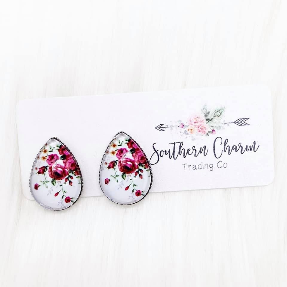 Big as Texas Hot Pink Roses on White Teardrop Earrings
