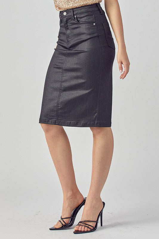 Risen Jeans Denim Pencil Skirt - Coated Black