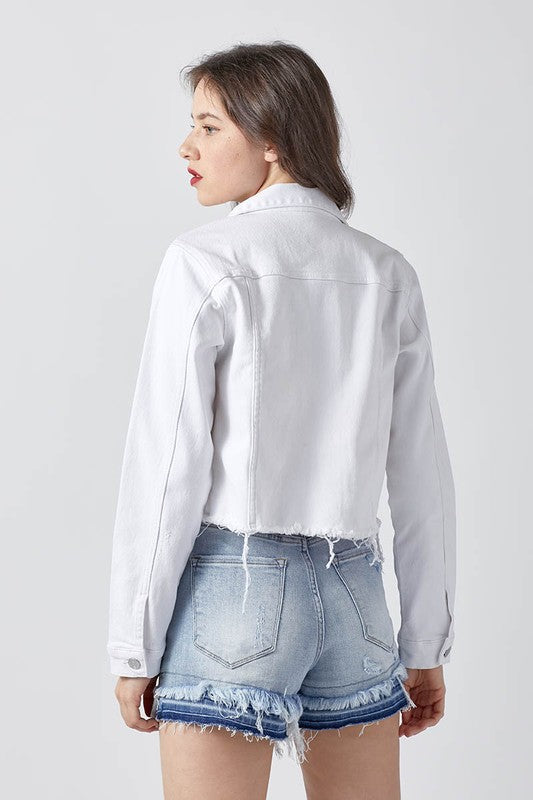 Take Me Back Frayed Hem Jean Jacket - White