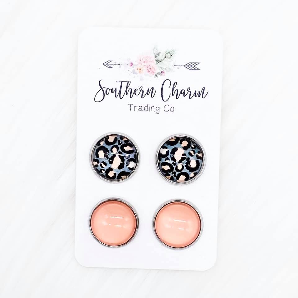Peach Leopard & Cat Eye Duo Earrings