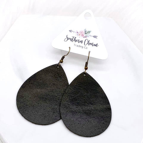 2.5" Pine Cone Valley Leather Teardrop Earrings - Olive Riviera