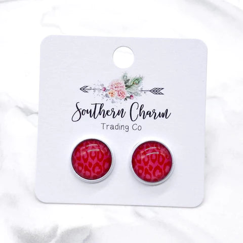 Red Leopard in White Setting Stud Earrings