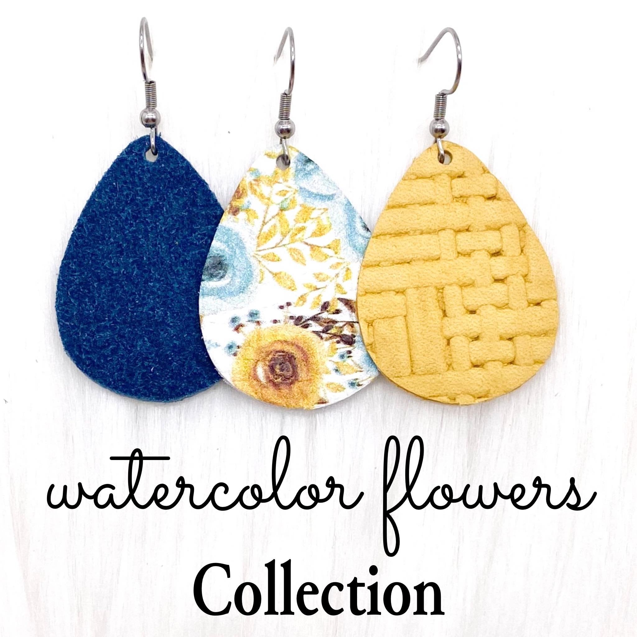 1.5" Watercolor Flowers Mini Collection - Teal Suede Earrings