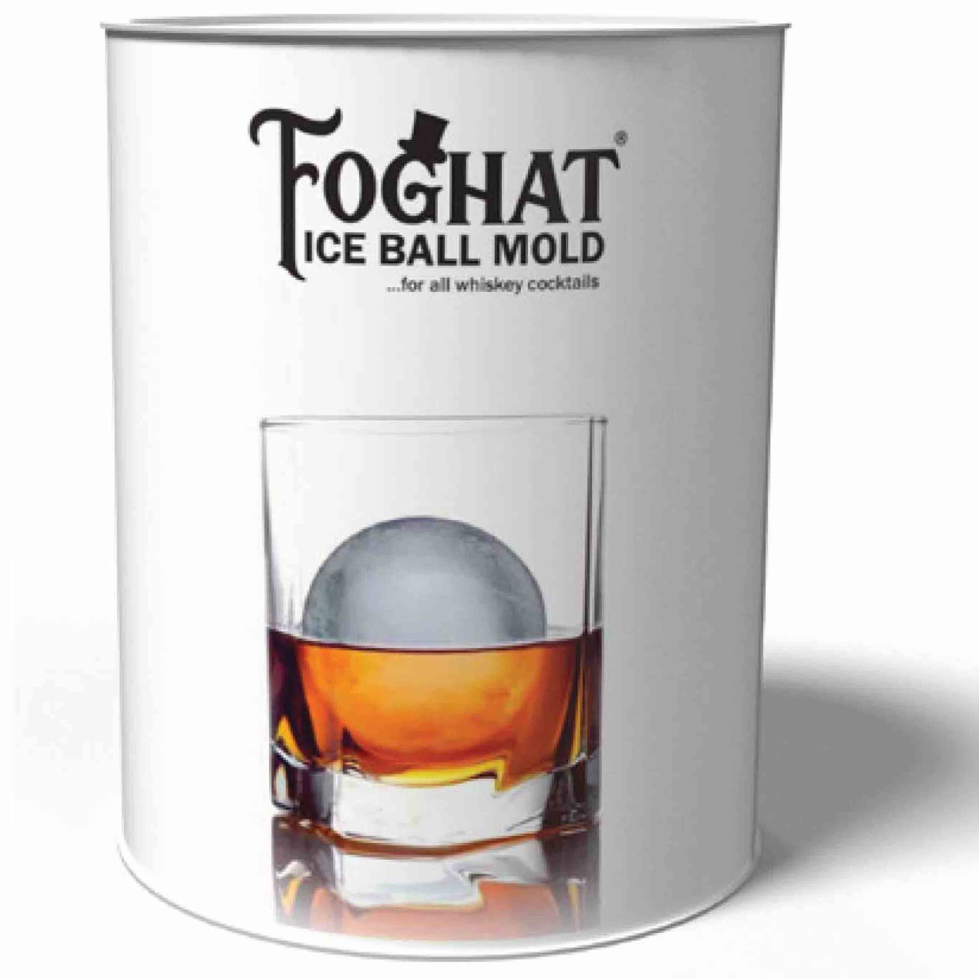 A cylindrical ice ball mold with a logo and text on the packaging, depicting a glass with a whiskey and an ice ball in the foreground.