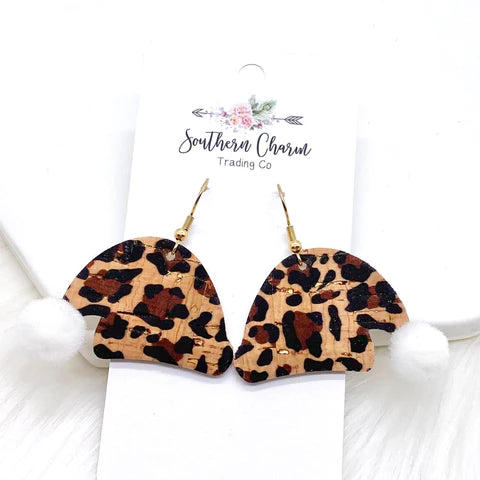 1.5" Puff Ball Santa Hats - Metallic Leopard Earrings