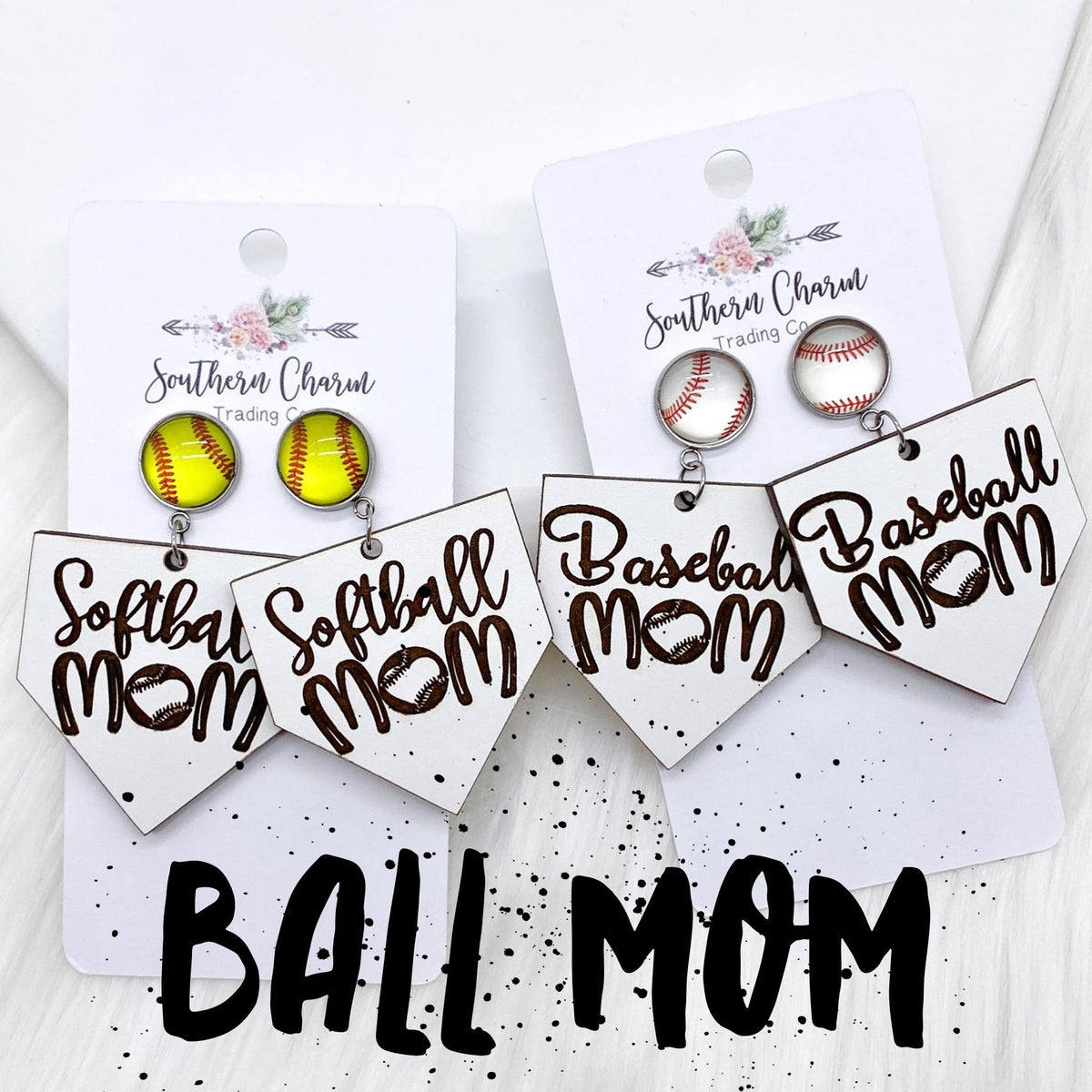 Ball Mom Dangle Earrings - Baseball