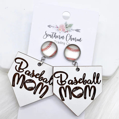 Ball Mom Dangle Earrings - Baseball