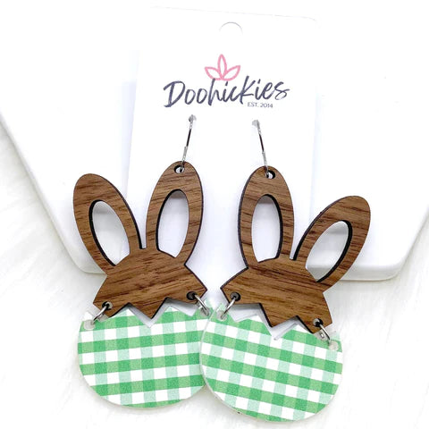 3" Hatching Hares Earrings - Wood Hare & Green Gingham
