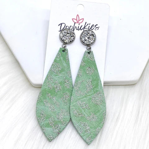 Silver & Shimmery Spring Leopard Long Dangles - Green