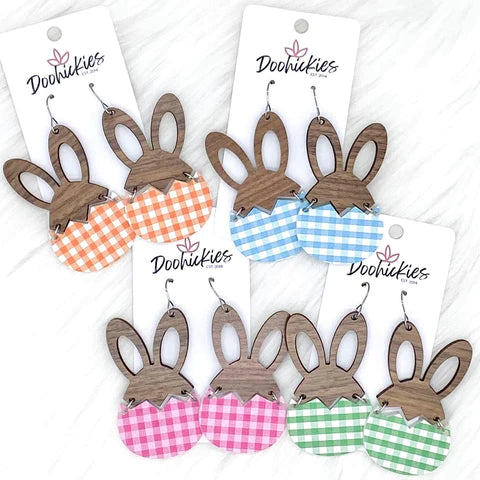 3" Hatching Hares Earrings - Wood Hare & Green Gingham