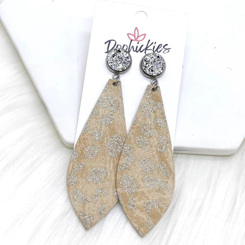 Silver & Shimmery Spring Leopard Long Dangles - Tan