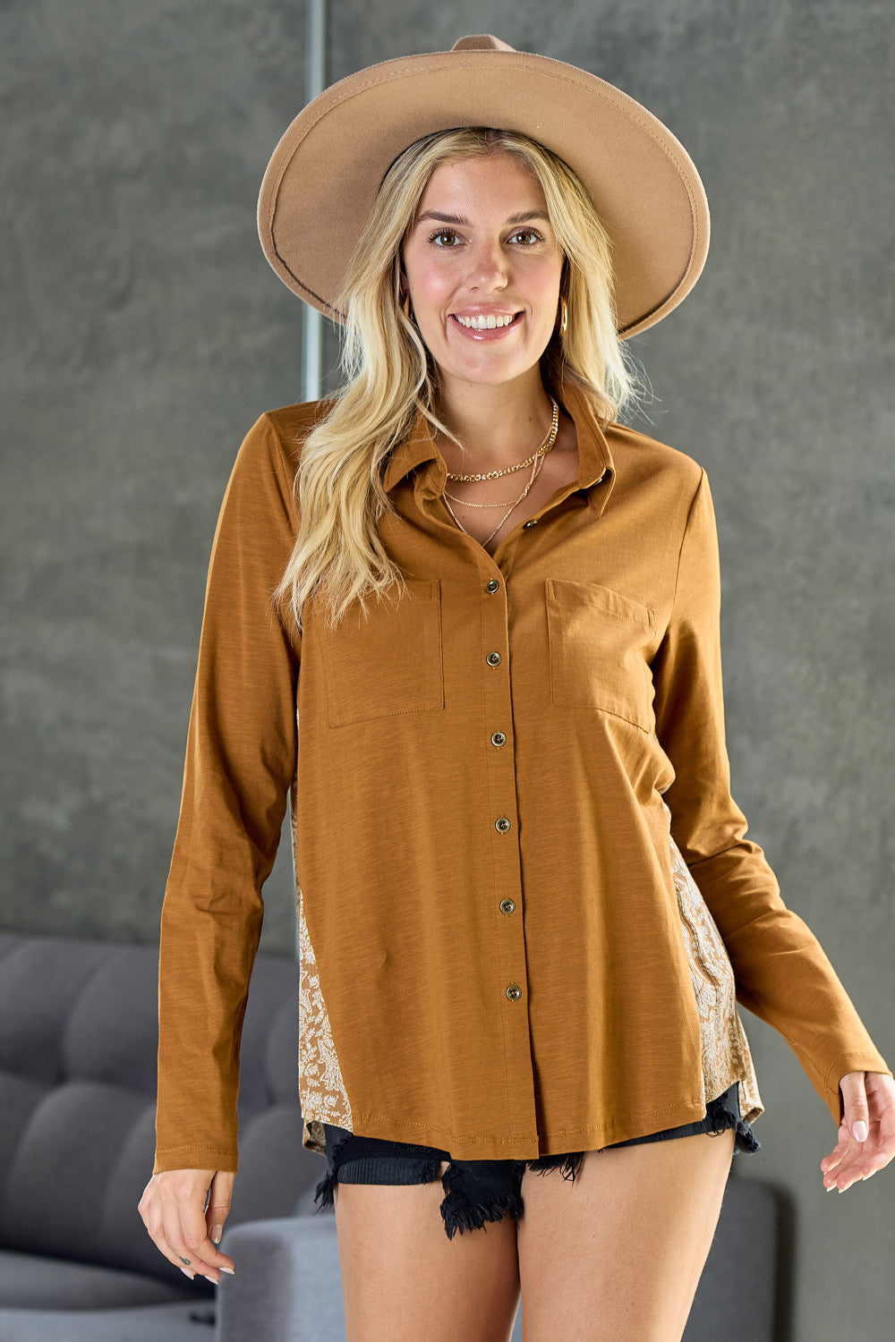 Think About It Button Down - Cognac