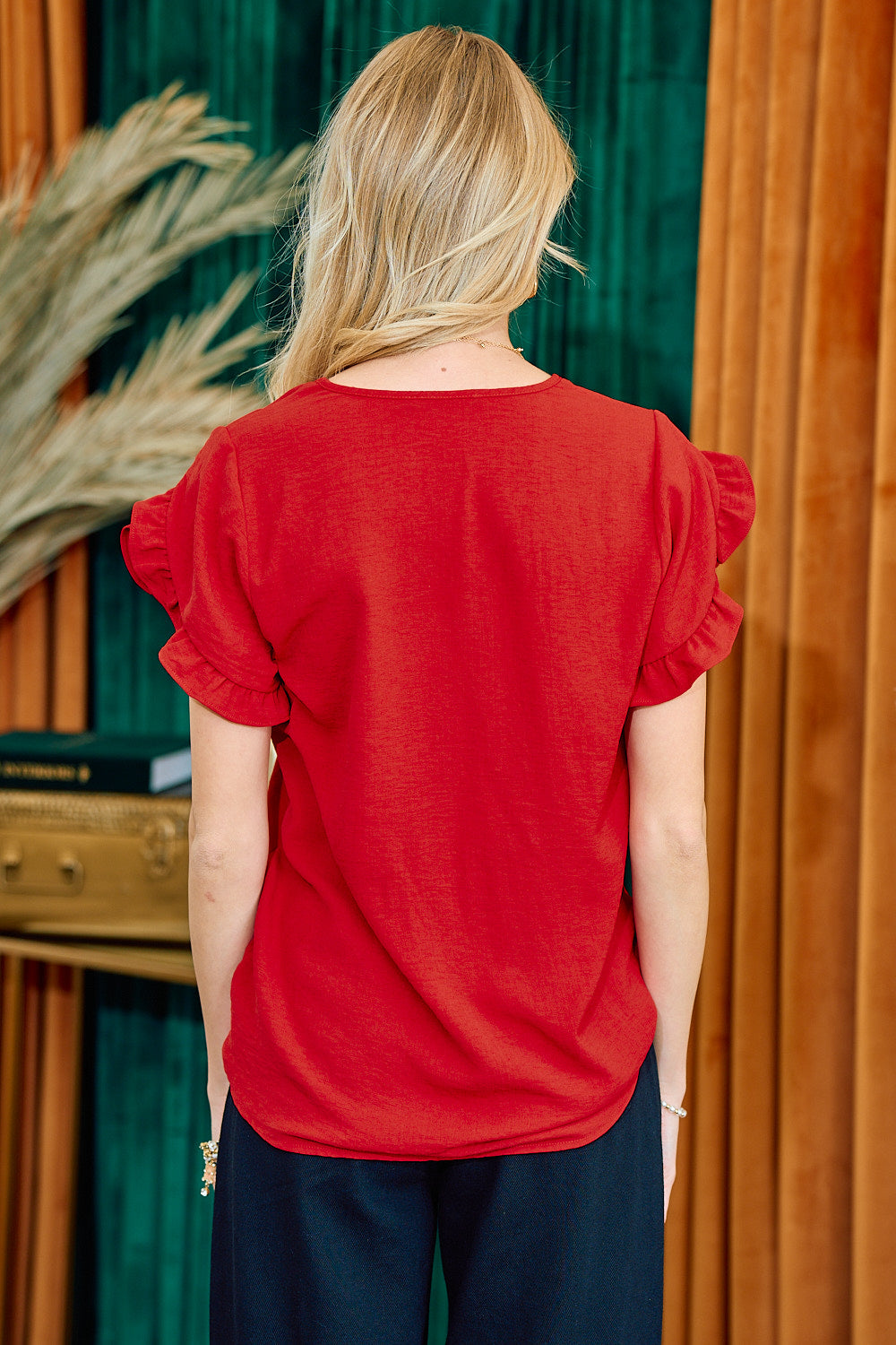 See It Clear Ruffle Slit Sleeve Top - Red