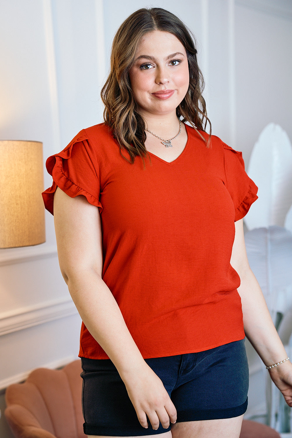 See It Clear Ruffle Slit Sleeve Top - Red
