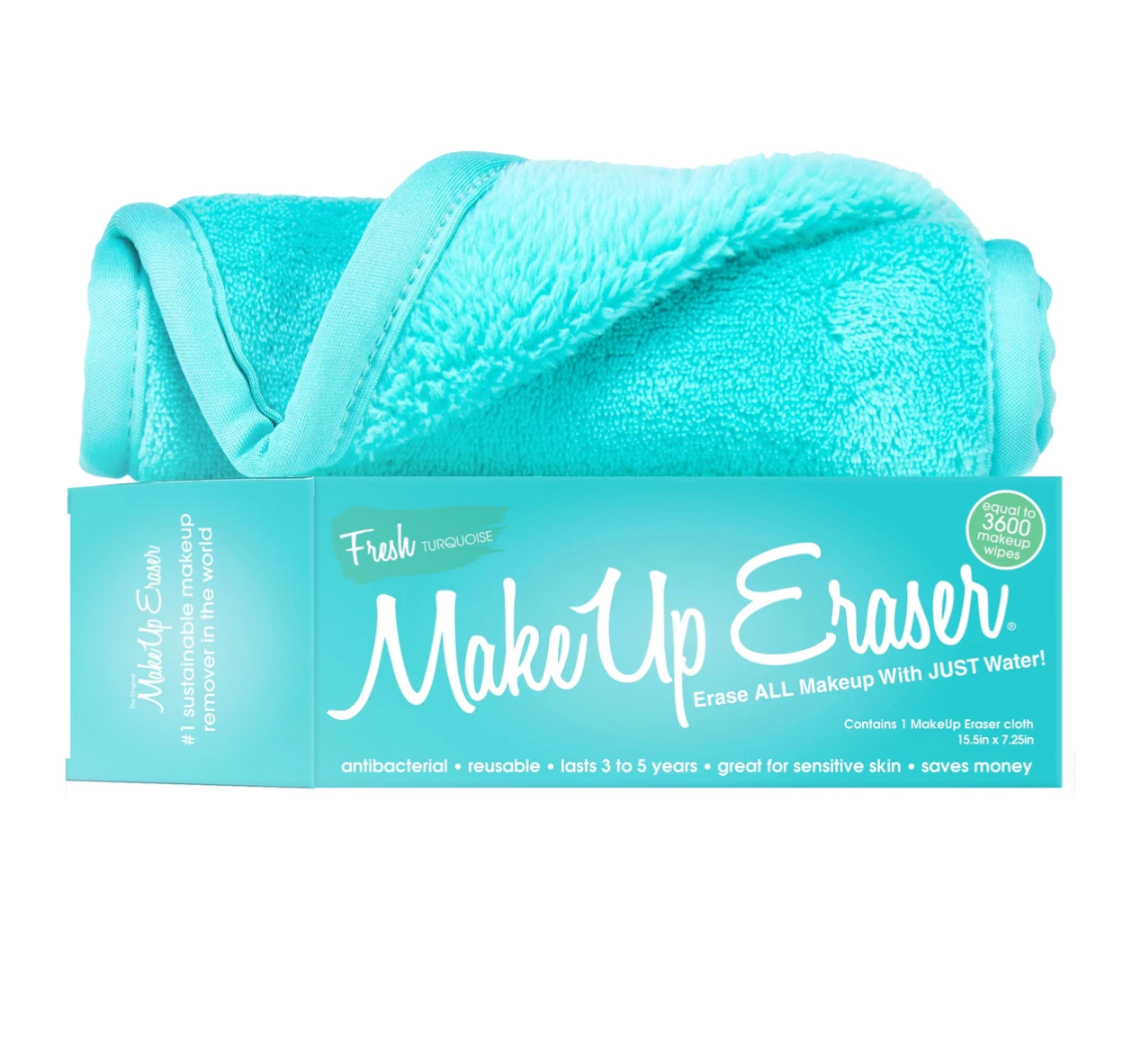 Fresh Turquoise Makeup Eraser
Erase all makeup with just water
antibacterial, reusable, lasts 3-5 years, great for sensitive skin, saves money