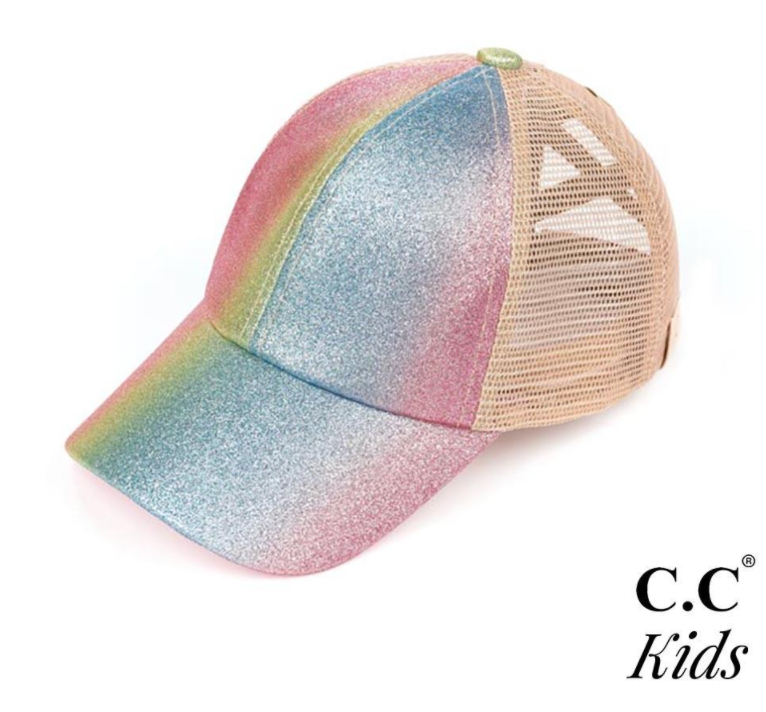 CC Brand - Kids Glitter Ombre Criss-Cross High Ponytail Ball Cap - Pink