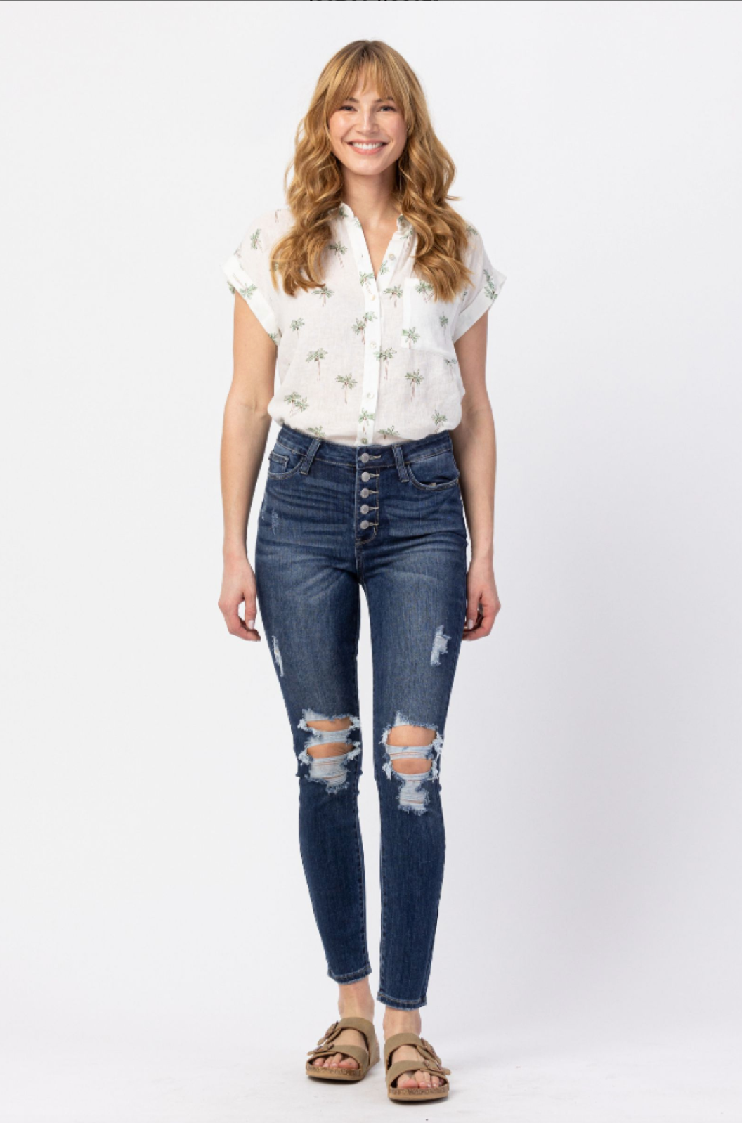 Judy Blue Button Fly Destroyed Skinny Jeans