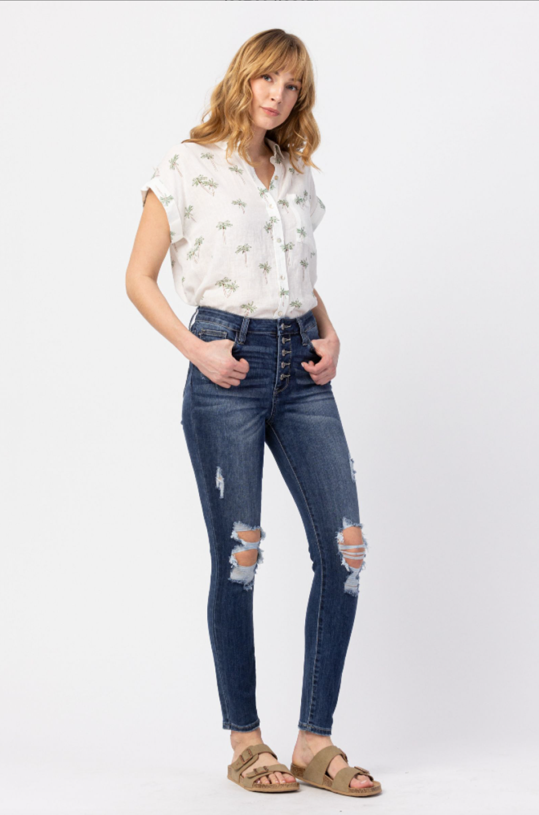 Judy Blue Button Fly Destroyed Skinny Jeans