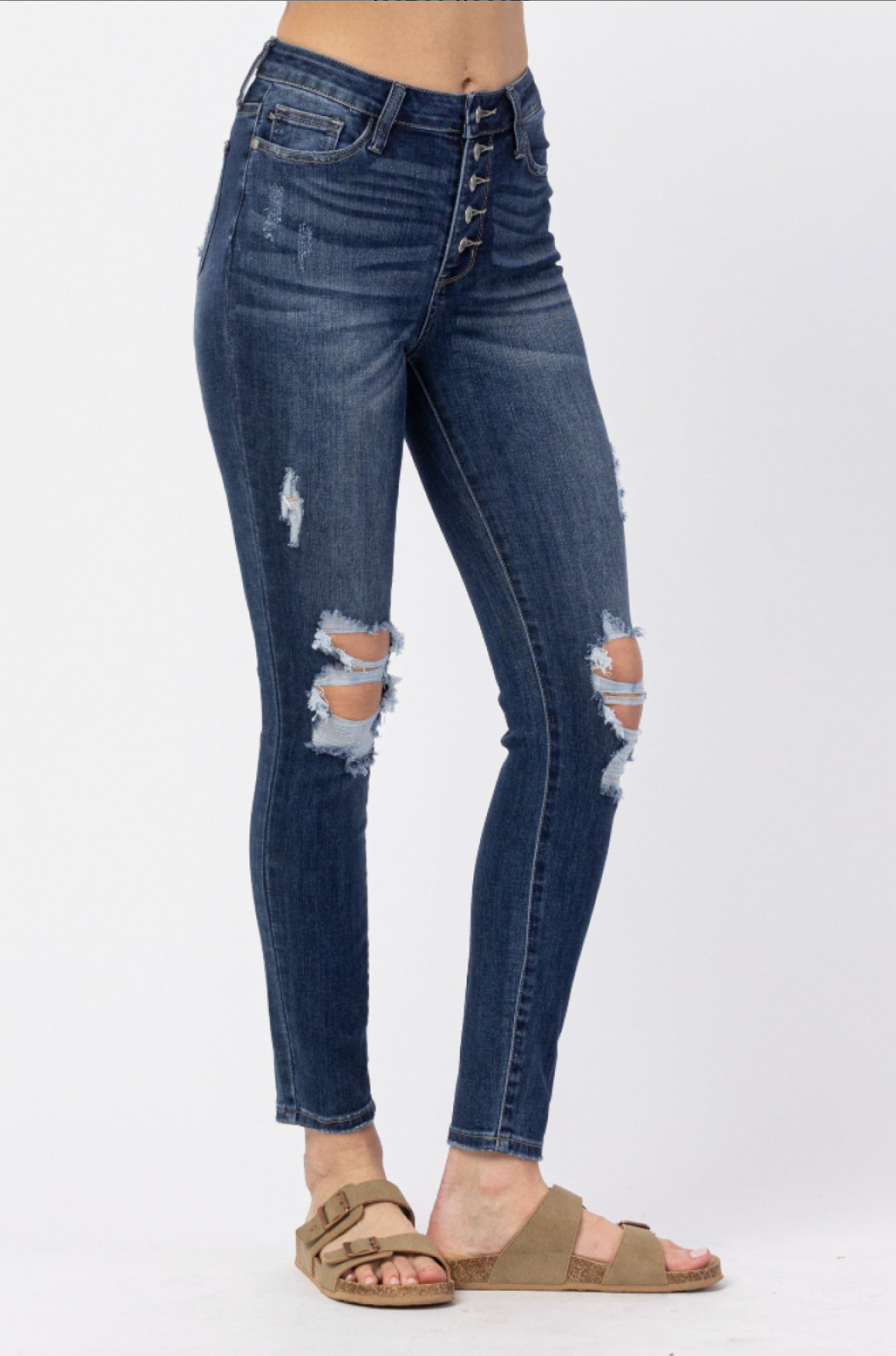Judy Blue Button Fly Destroyed Skinny Jeans