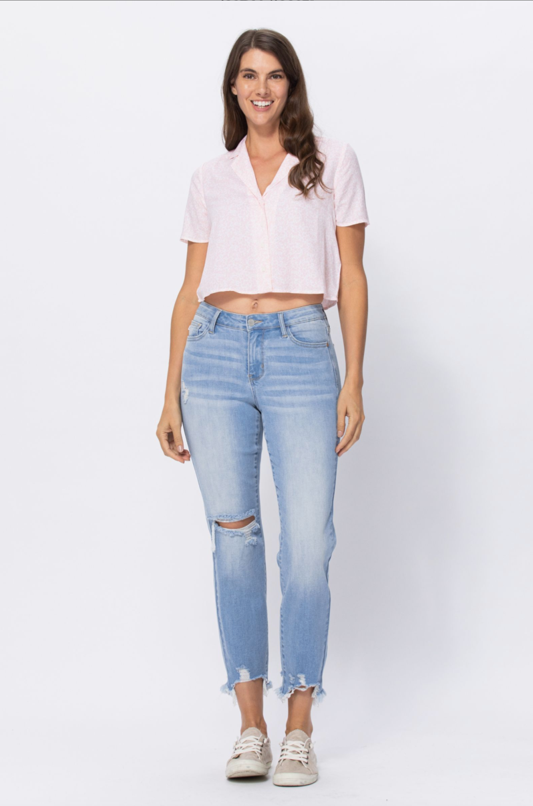 Judy Blue Light Wash Destroyed Hem Boyfriend Jeans