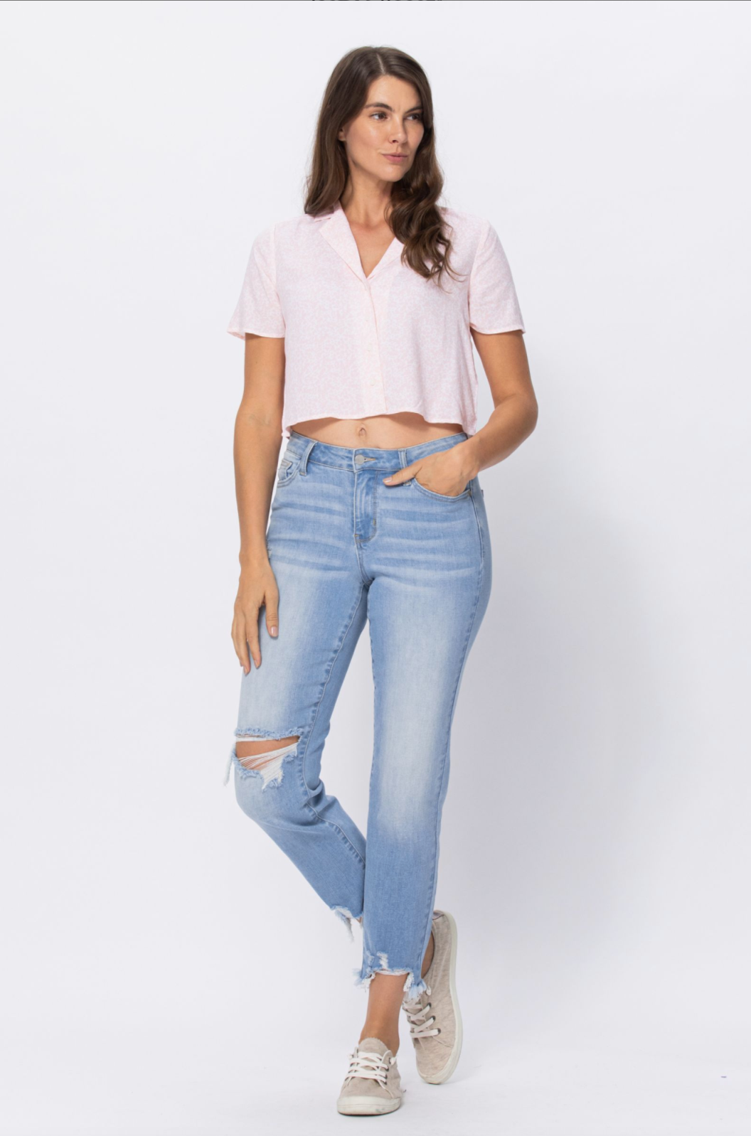 Judy Blue Light Wash Destroyed Hem Boyfriend Jeans