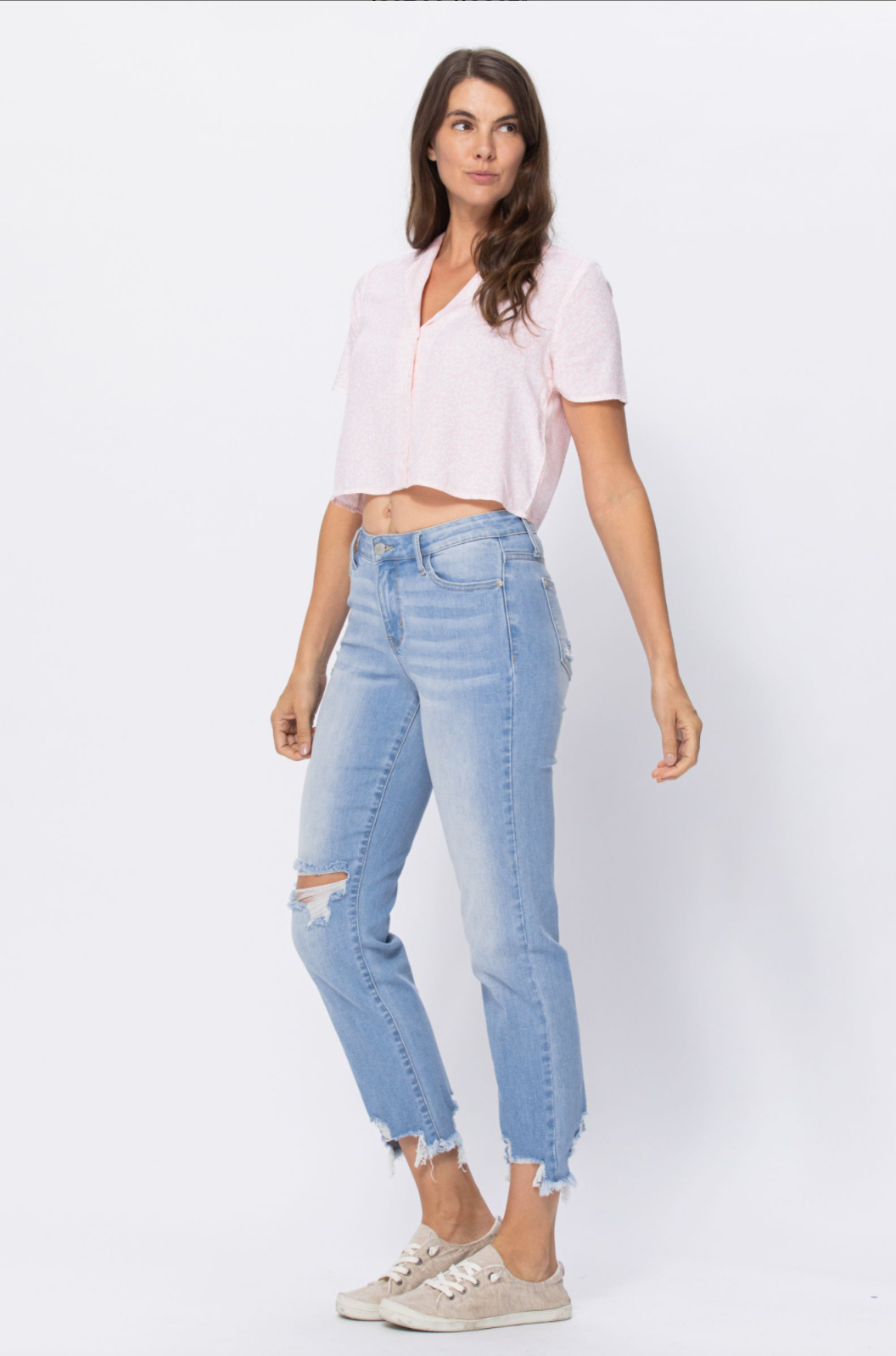 Judy Blue Light Wash Destroyed Hem Boyfriend Jeans
