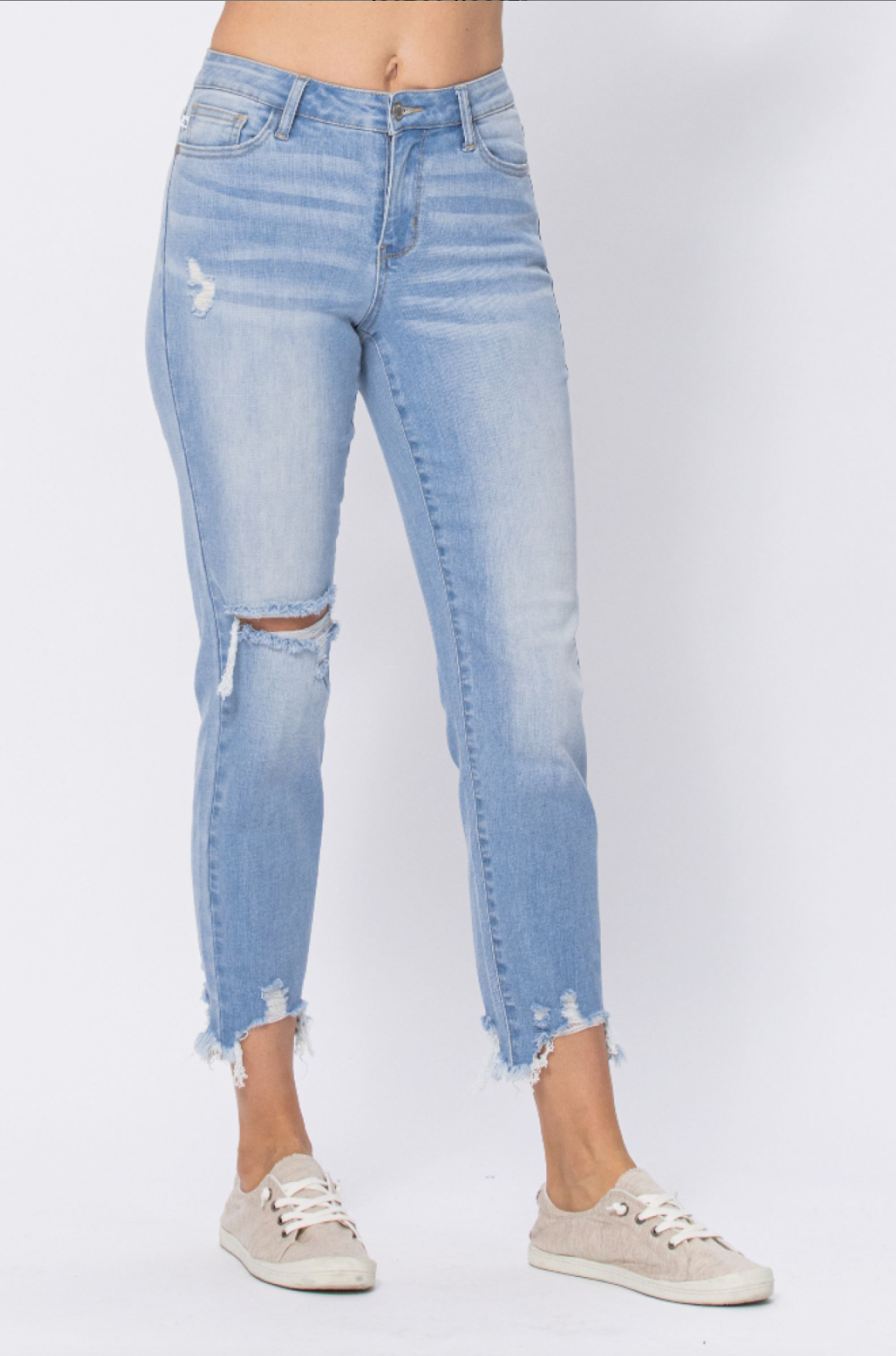 Judy Blue Light Wash Destroyed Hem Boyfriend Jeans