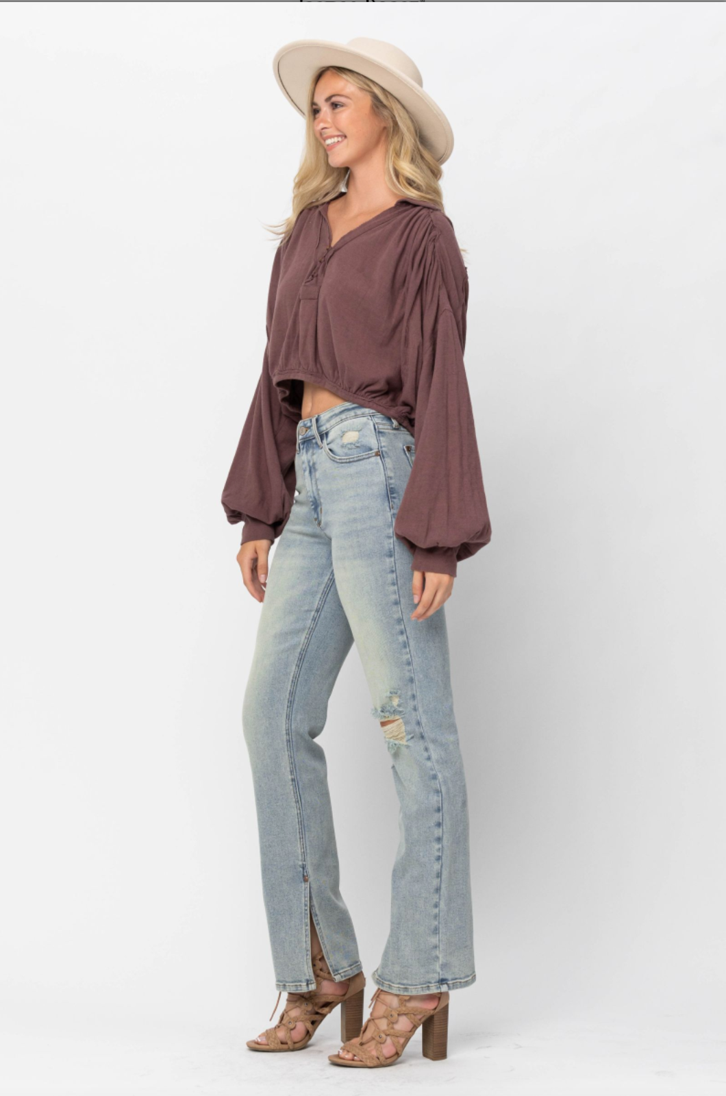 Judy Blue Destroyed Straight Fit Slit Hem Jeans