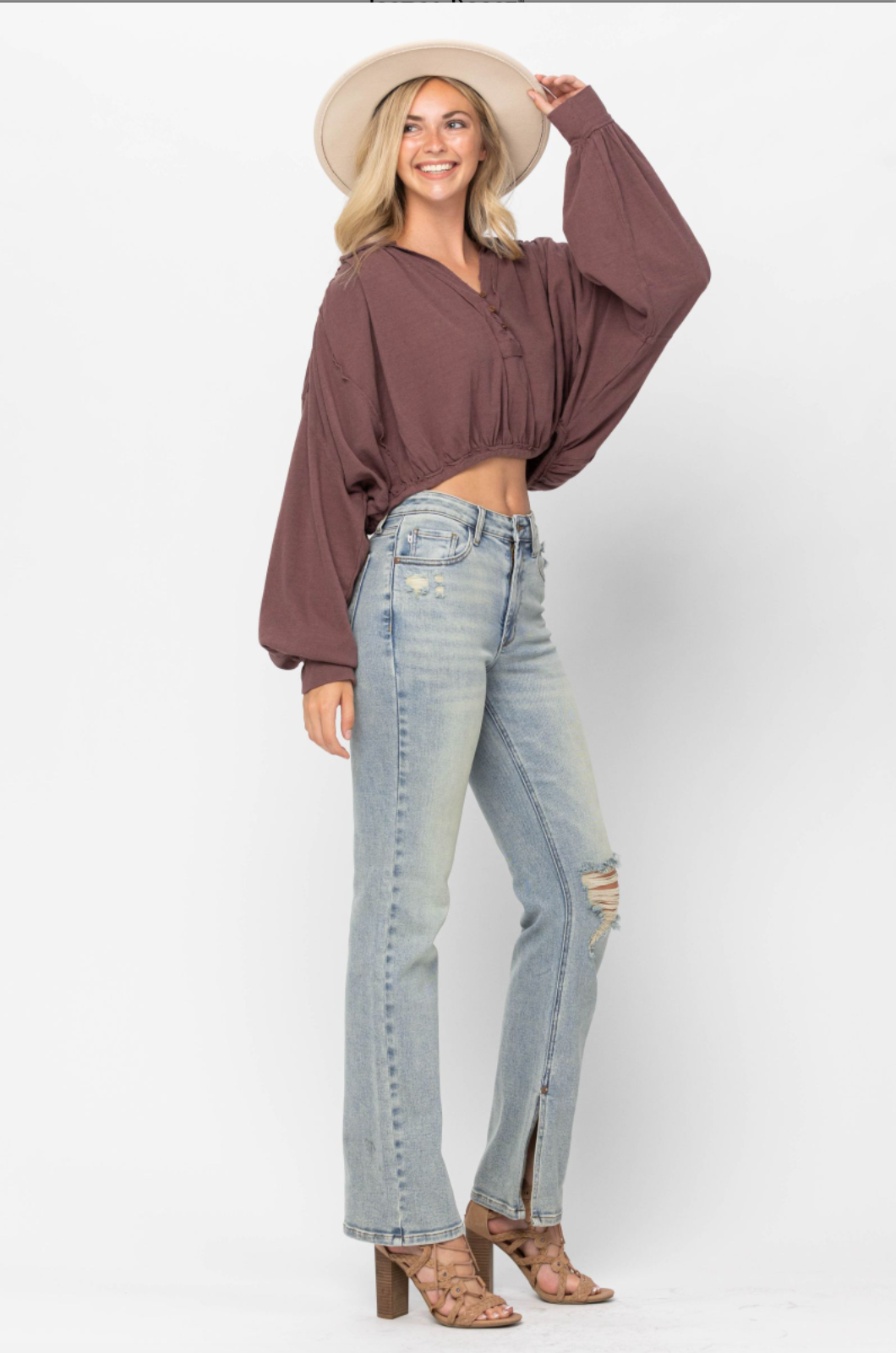 Judy Blue Destroyed Straight Fit Slit Hem Jeans