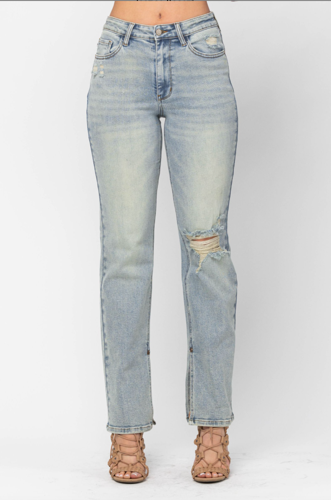 Judy Blue Destroyed Straight Fit Slit Hem Jeans