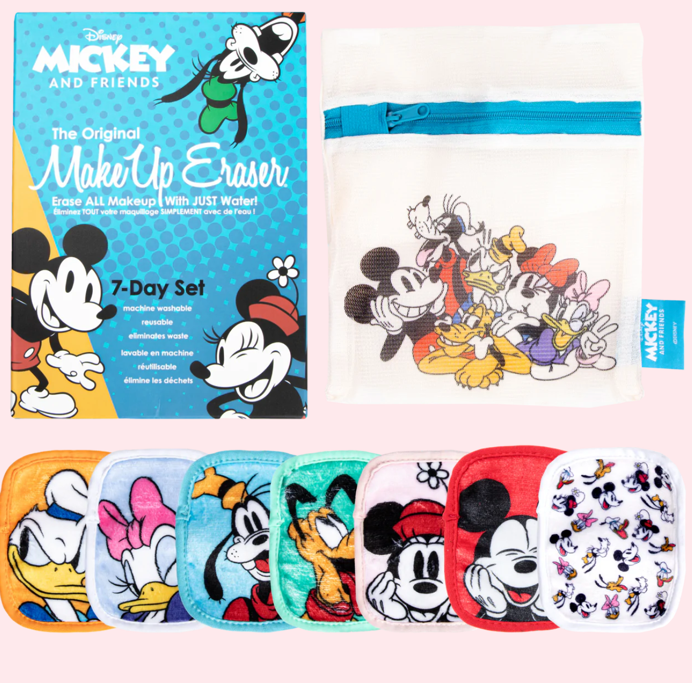 A set of seven Mickey and Friends makeup erasers displayed with a laundry bag and the product box.